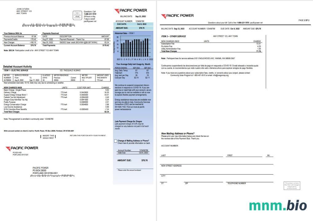 USA Pacific Power rachunek za media, Word i szablon PDF, 2 strony